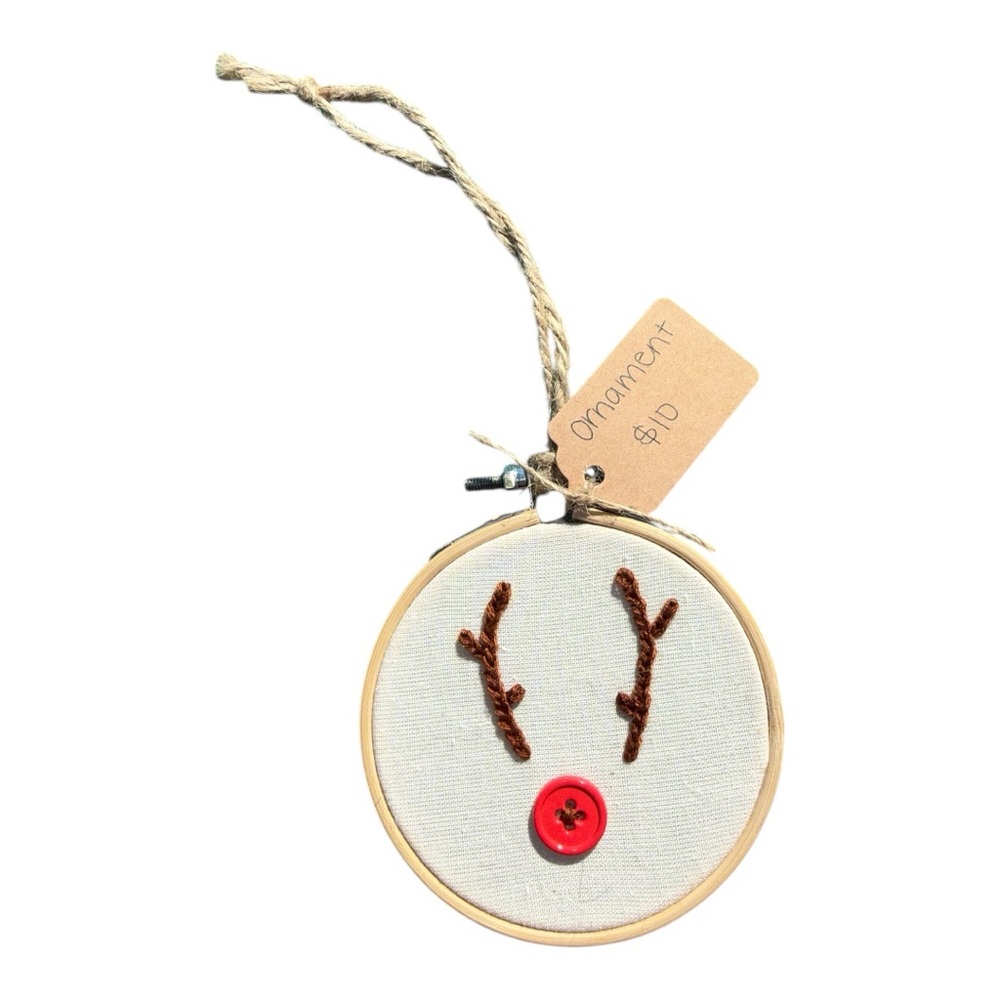 Hand Embroidered Reindeer Ornament with Red Button Nose